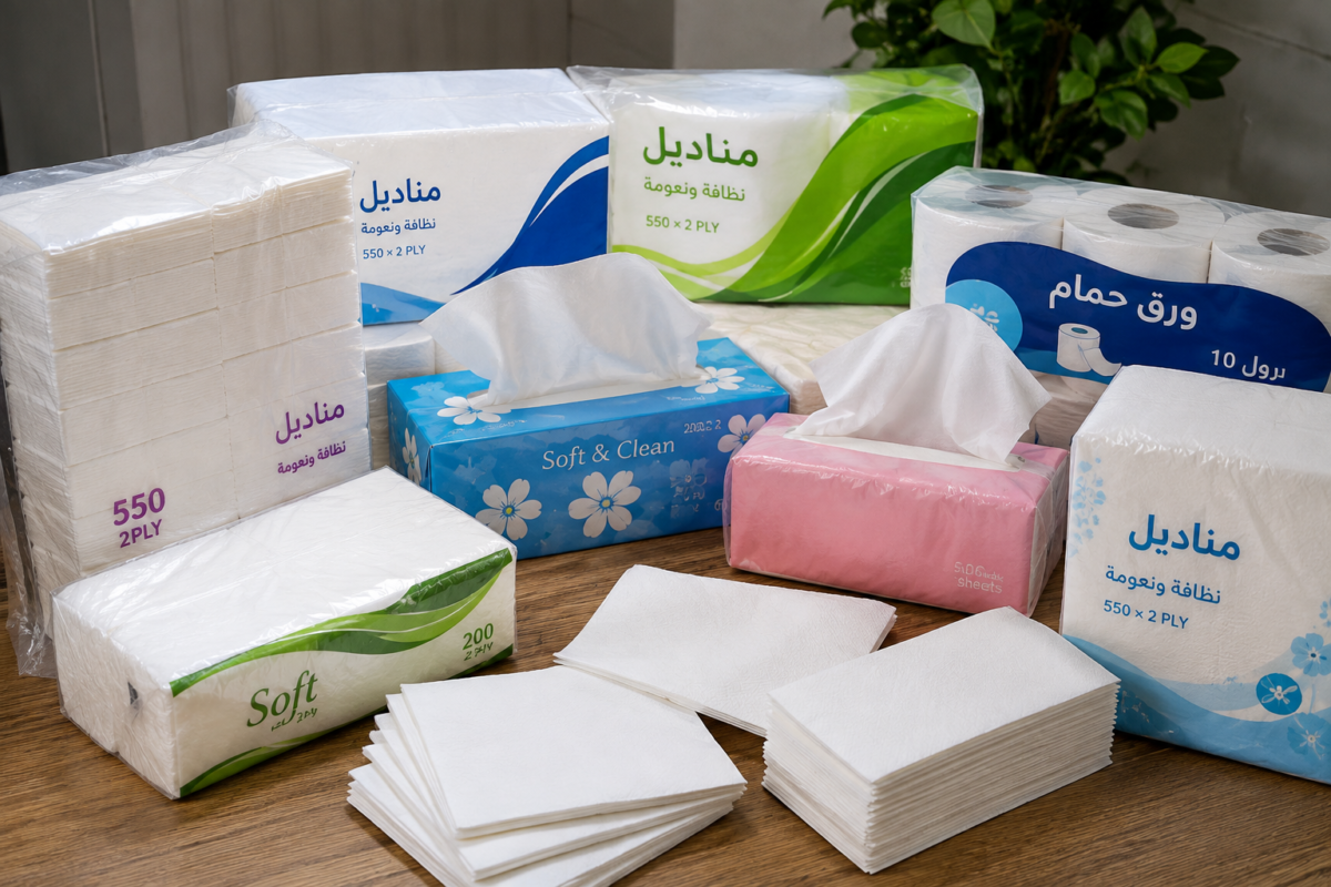 المناديل الورقية من أهم مستلزمات النظافة والضيافة، وتتوفر بأنواع متعددة تناسب الوجه والمطبخ والحمام والسفرة والاستخدامات التجارية. تتميز بسهولة الاستخدام وتنوع الأحجام والطبقات ودرجات النعومة والامتصاص لتناسب احتياجات المنازل والمنشآت المختلفة.