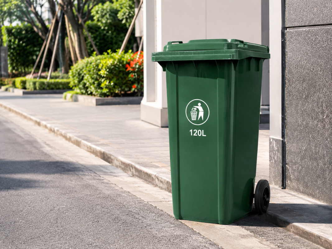صندوق قمامة 120 لتر مصنوع من بلاستيك HDPE عالي الجودة، يتميز بالمتانة ومقاومة الصدمات والعوامل الجوية، ويتوفر بعجلات أو بدون عجلات ليلائم مختلف الاستخدامات في المنازل والشركات والمدارس والمستشفيات والمصانع والأماكن العامة.