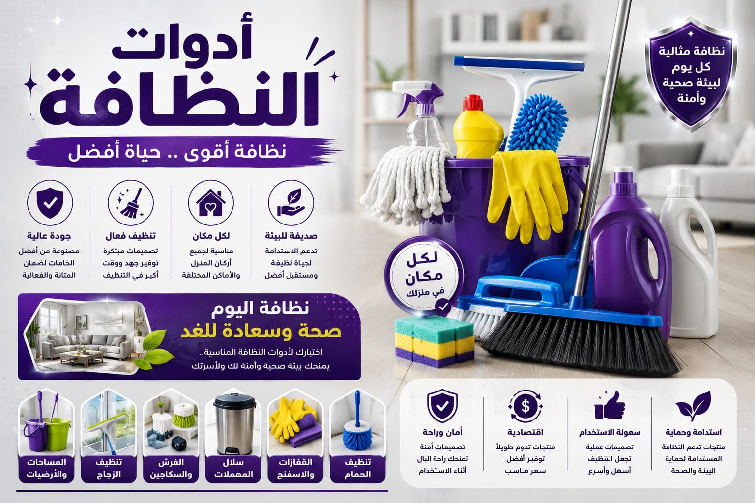 مجموعة متنوعة من أدوات النظافة والتنظيف