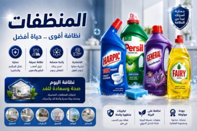 المنظفات من أهم مستلزمات النظافة للمنازل والشركات والفنادق والمطاعم والمستشفيات والمنشآت المختلفة. تتوفر بأنواع متعددة لتنظيف الأرضيات والزجاج والحمامات والمطابخ والأسطح المختلفة، مما يساعد على تنفيذ أعمال النظافة اليومية بسهولة وكفاءة.